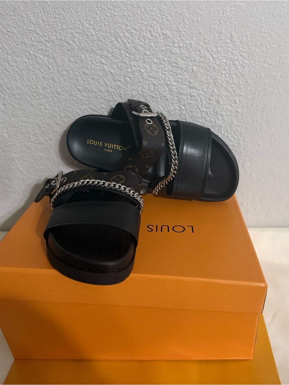 Louis Vuitton Black Monogram Chain Slide Sandals with Silver Hardware New